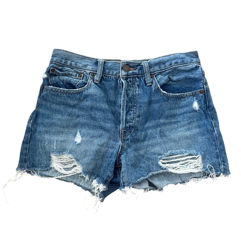 We The Free Distressed Denim Shorts Button Fly Mid Rise 27 Blue Medium Wash